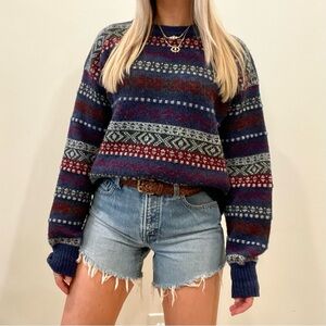 Vintage Fair Isle Abstract Geometric Patterned Crewneck Sweater in Navy